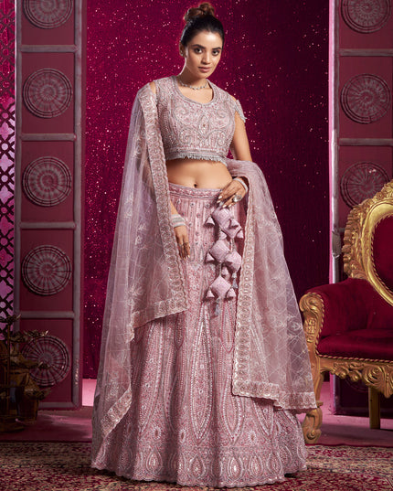 Rose Pink Net Embroidered Designer Lehenga Choli Set