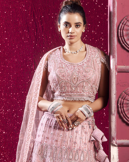 Rose Pink Net Embroidered Designer Lehenga Choli Set