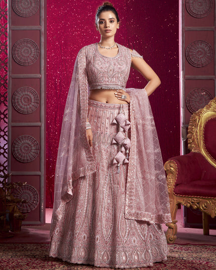Rose Pink Net Embroidered Designer Lehenga Choli Set