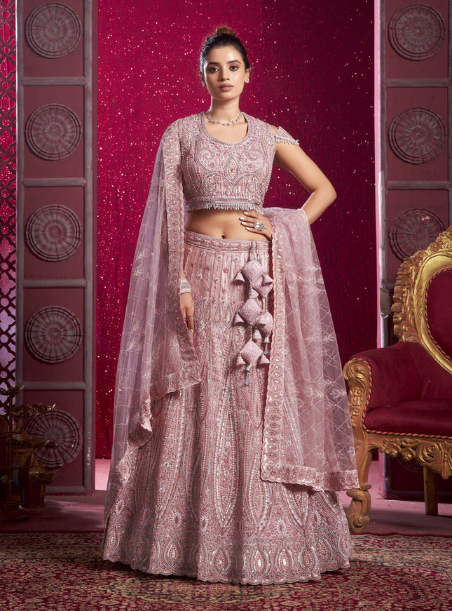 Rose Pink Net Embroidered Designer Lehenga Choli Set