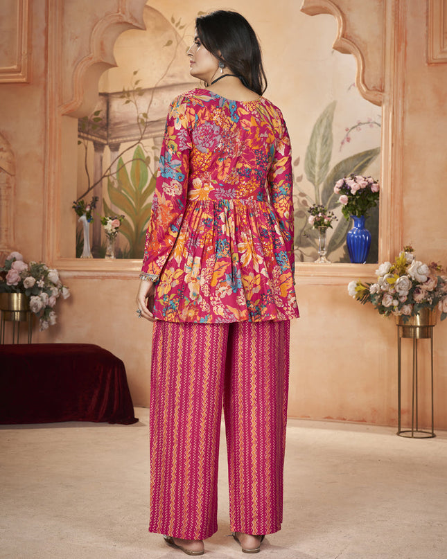 Rani Pink Silk Printed Readymade Palazzo Kameez