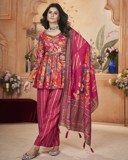 Rani Pink Silk Printed Readymade Palazzo Kameez