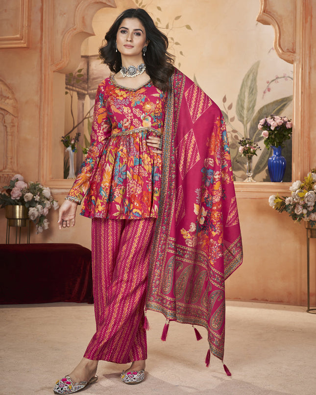 Rani Pink Silk Printed Readymade Palazzo Kameez