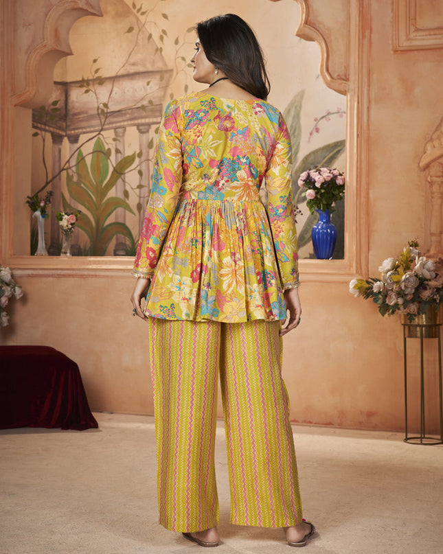 Maize Yellow Silk Printed Readymade Palazzo Kameez