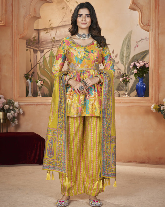 Maize Yellow Silk Printed Readymade Palazzo Kameez