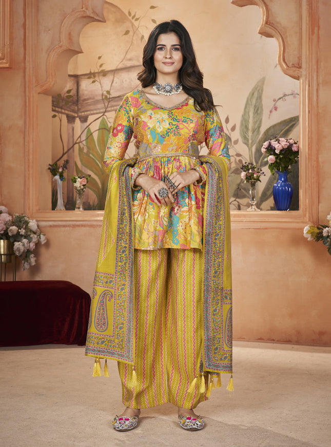 Maize Yellow Silk Printed Readymade Palazzo Kameez