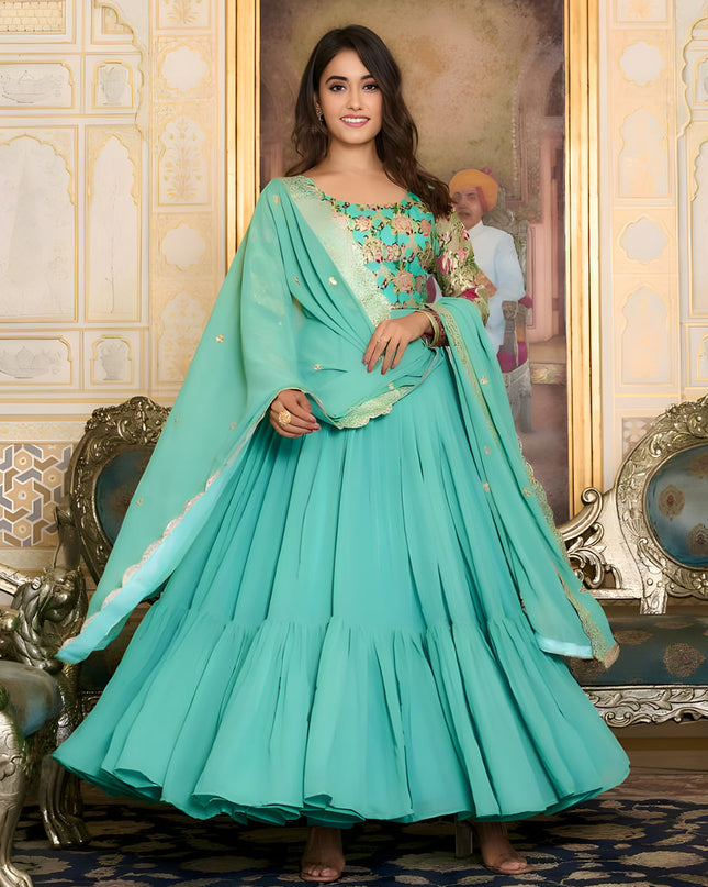 Sea Green Faux Georgette Gown with Dupatta