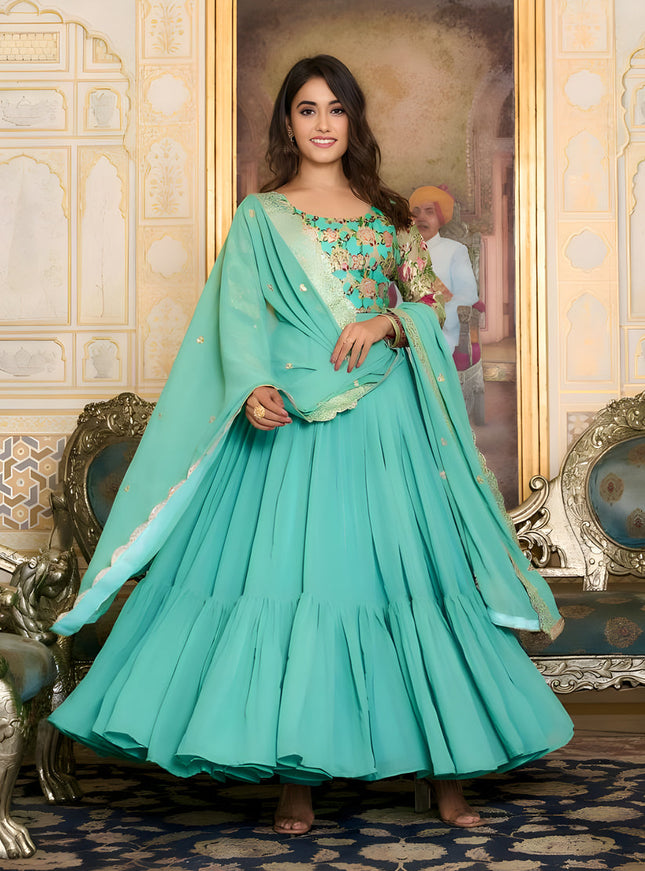Sea Green Faux Georgette Gown with Dupatta