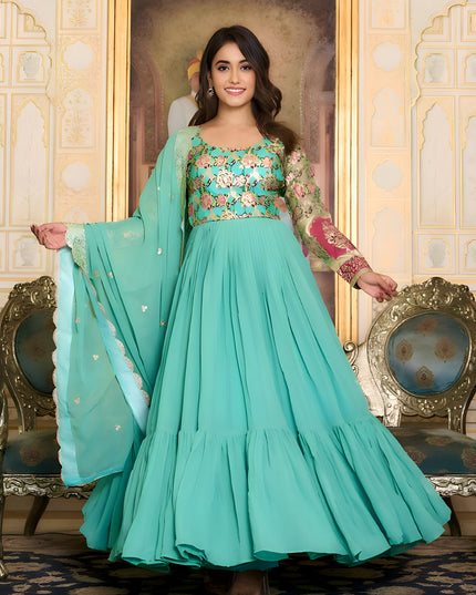 Sea Green Faux Georgette Gown with Dupatta