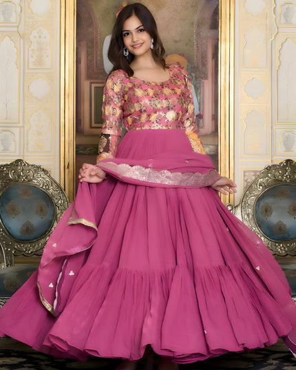 Hot Pink Faux Georgette Gown with Dupatta