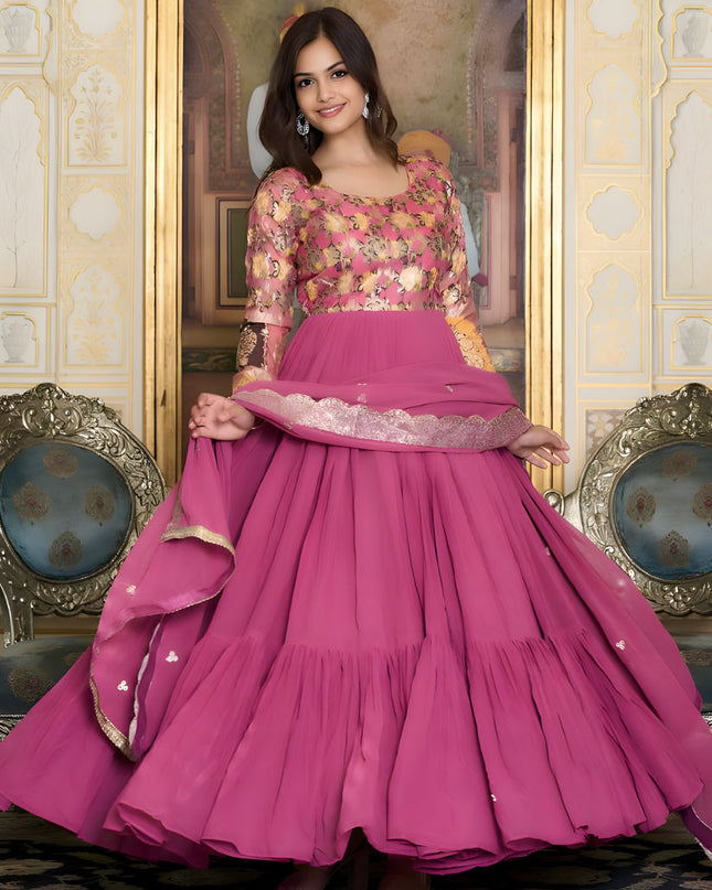 Hot Pink Faux Georgette Gown with Dupatta