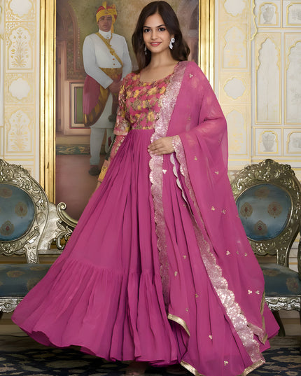Hot Pink Faux Georgette Gown with Dupatta