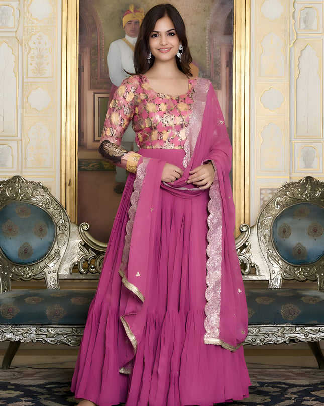 Hot Pink Faux Georgette Gown with Dupatta