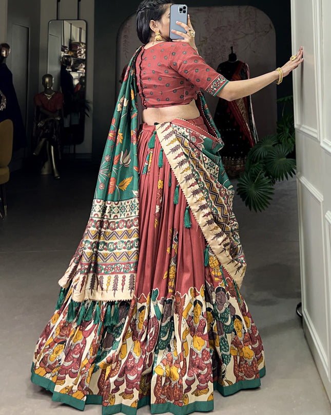 rust tussar silk kalamkari printed chaniya choli