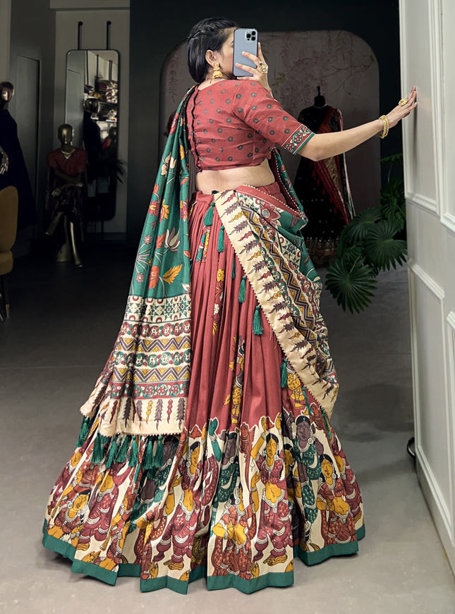 rust tussar silk kalamkari printed chaniya choli