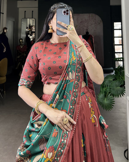 rust tussar silk kalamkari printed chaniya choli