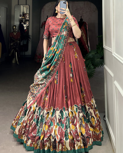 rust tussar silk kalamkari printed chaniya choli