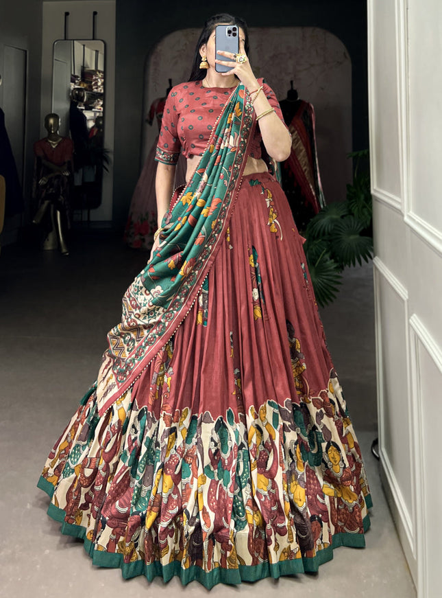 rust tussar silk kalamkari printed chaniya choli