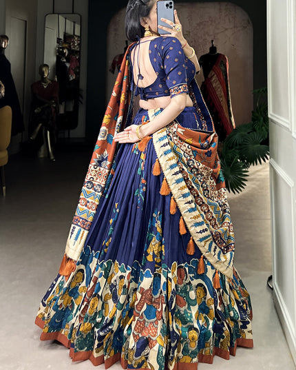 navy blue tussar silk kalamkari printed chaniya choli