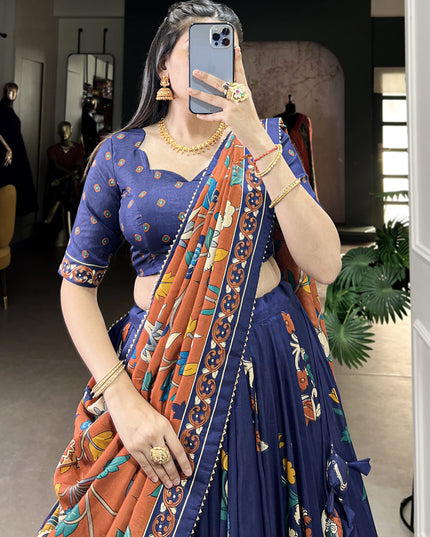 navy blue tussar silk kalamkari printed chaniya choli