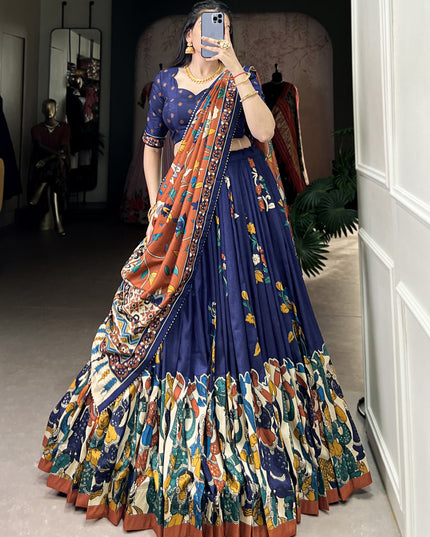navy blue tussar silk kalamkari printed chaniya choli