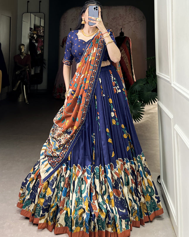 navy blue tussar silk kalamkari printed chaniya choli