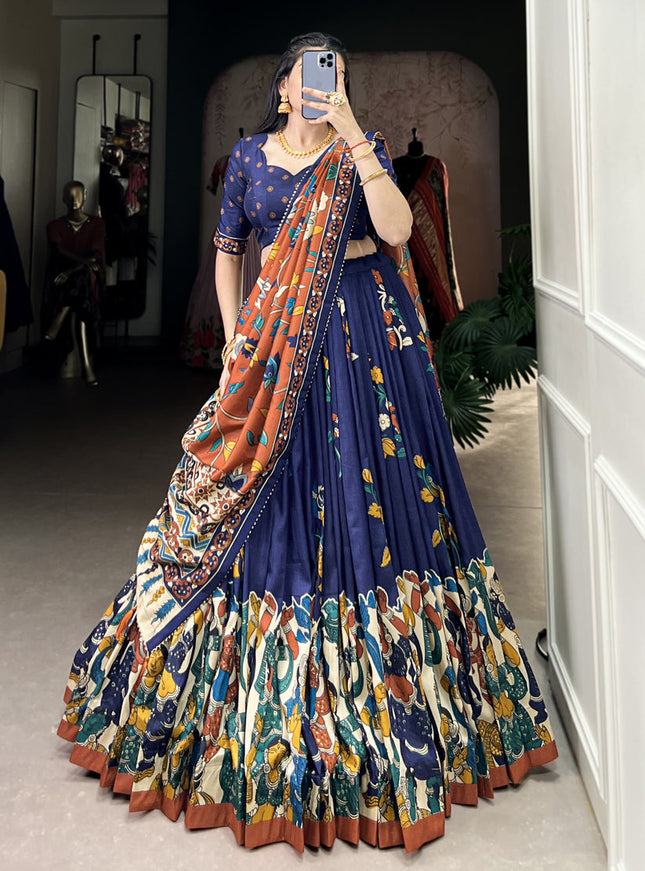 navy blue tussar silk kalamkari printed chaniya choli