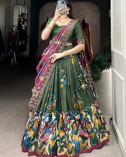 green tussar silk kalamkari printed chaniya choli