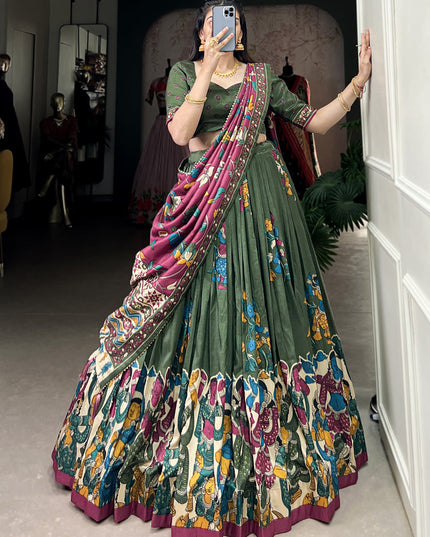 green tussar silk kalamkari printed chaniya choli