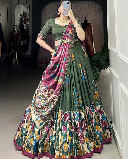 green tussar silk kalamkari printed chaniya choli