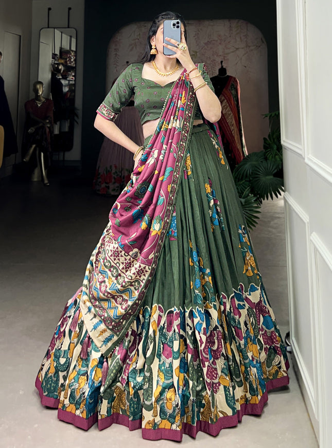 green tussar silk kalamkari printed chaniya choli