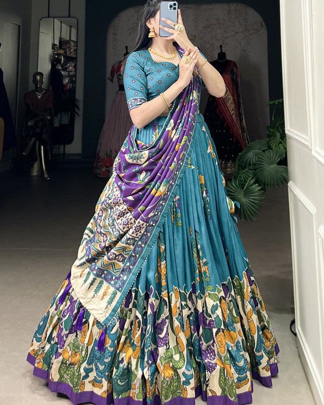 sky blue tussar silk kalamkari printed chaniya choli