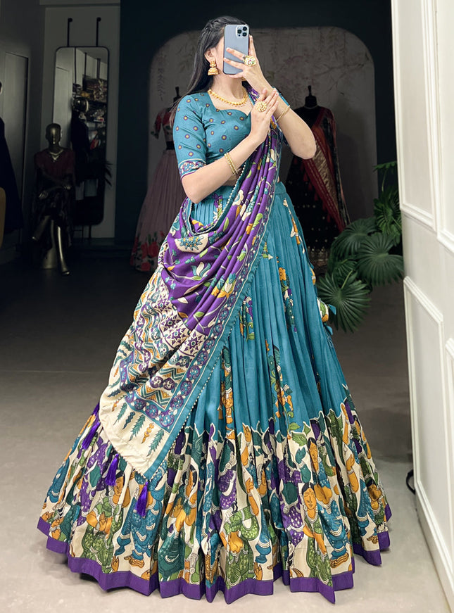 sky blue tussar silk kalamkari printed chaniya choli