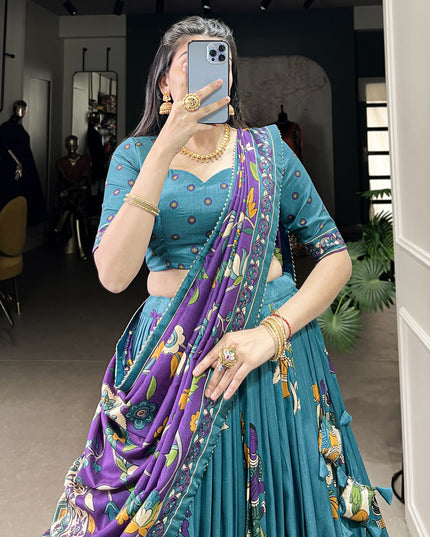 sky blue tussar silk kalamkari printed chaniya choli