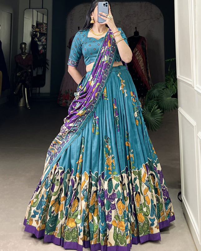 sky blue tussar silk kalamkari printed chaniya choli