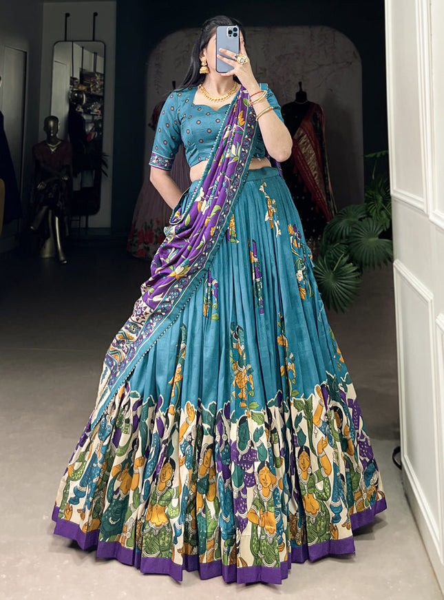 sky blue tussar silk kalamkari printed chaniya choli