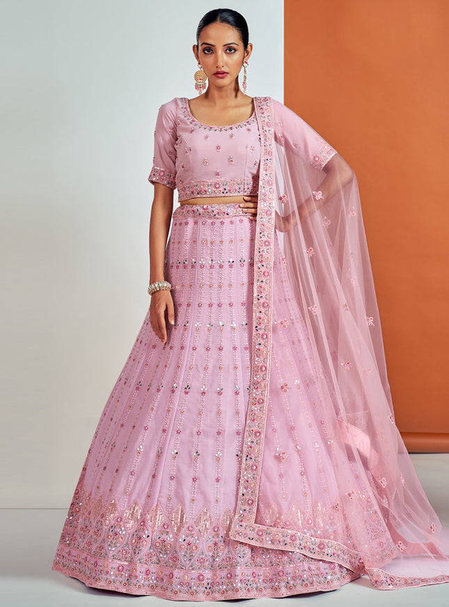Graceful Pink Georgette Embroidered Designer Lehenga Choli