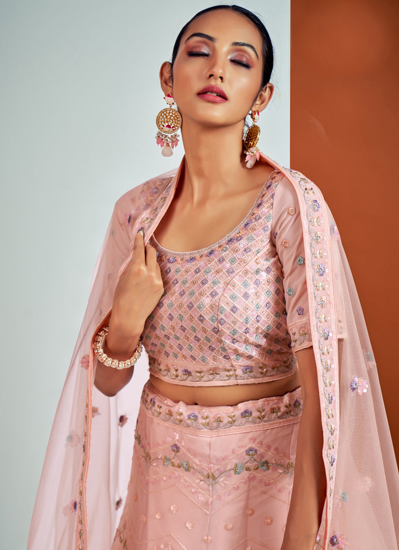 Sophisticated Blush Pink Georgette Embroidered Designer Lehenga Choli