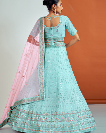 Fabulous Aqua Blue Georgette Embroidered Designer Lehenga Choli