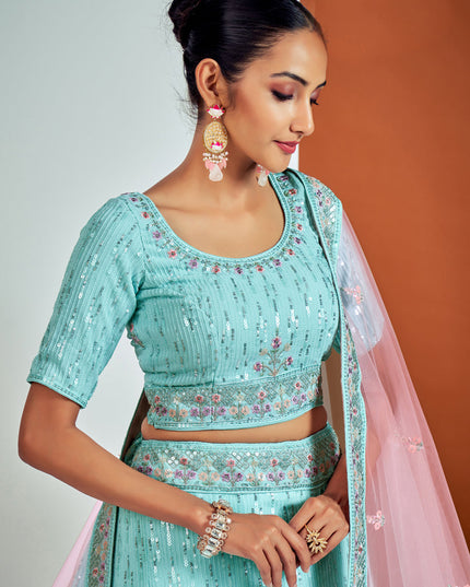 Fabulous Aqua Blue Georgette Embroidered Designer Lehenga Choli