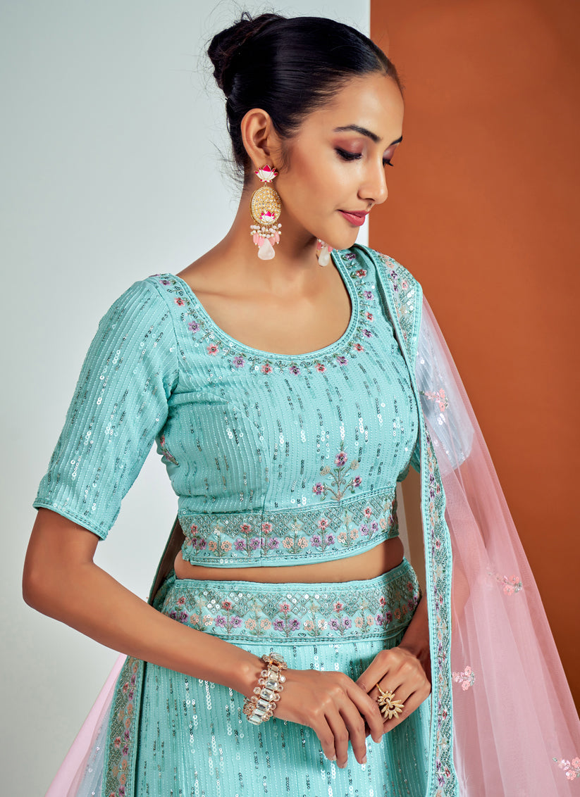 Fabulous Aqua Blue Georgette Embroidered Designer Lehenga Choli