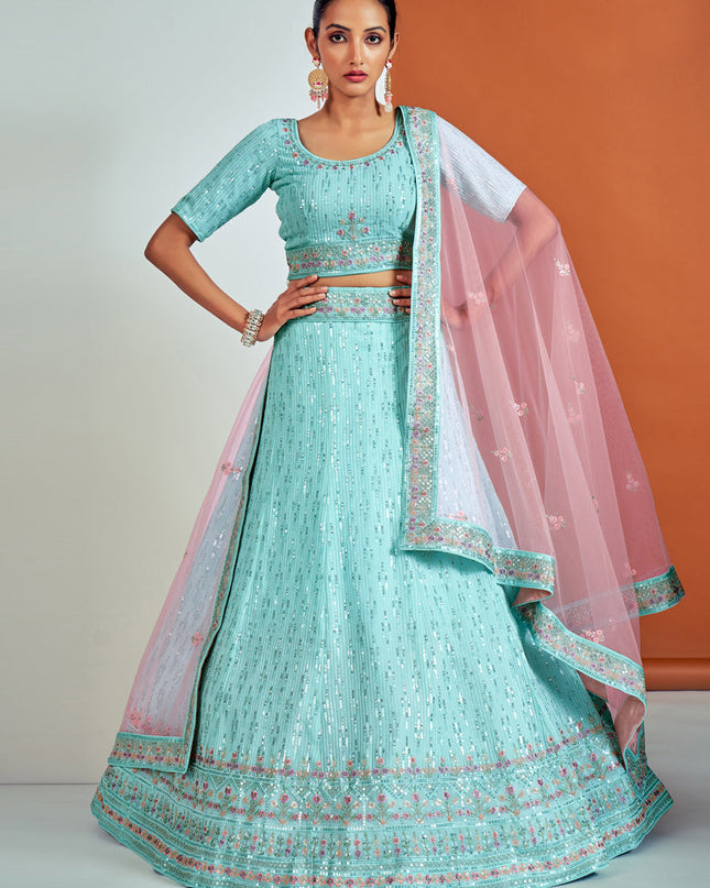 Fabulous Aqua Blue Georgette Embroidered Designer Lehenga Choli