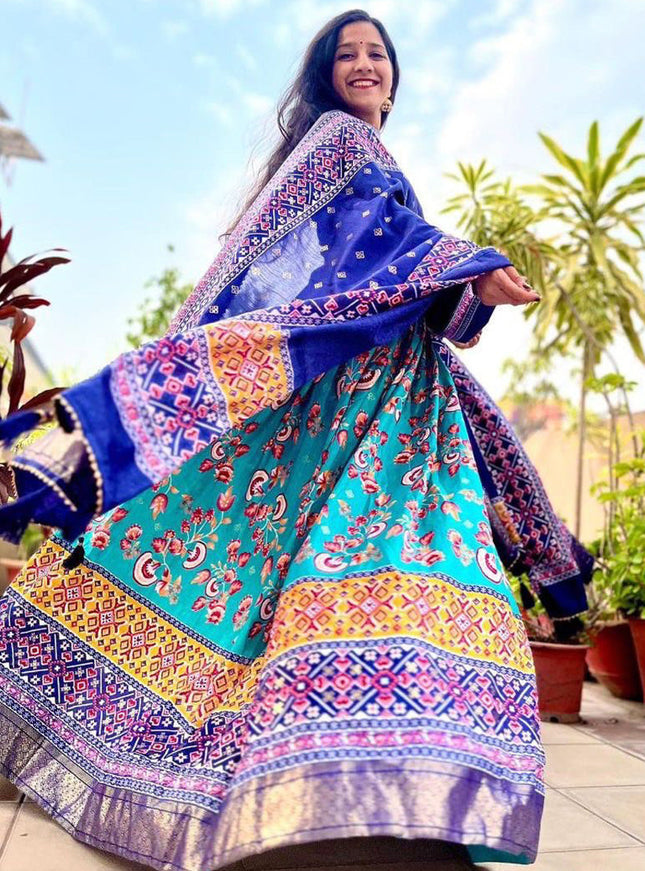 sky blue dola silk printed chaniya choli