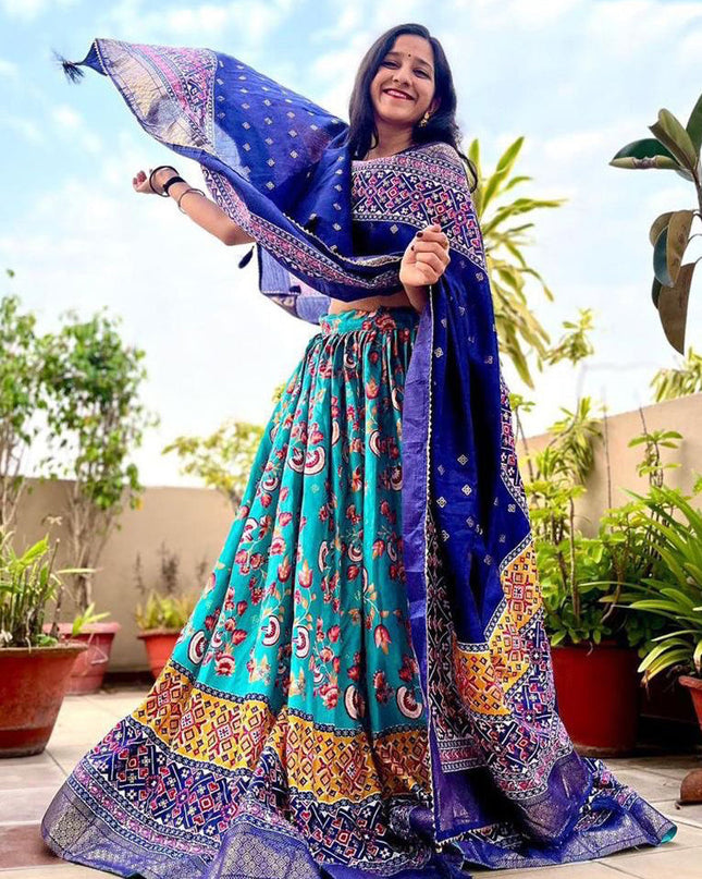 sky blue dola silk printed chaniya choli