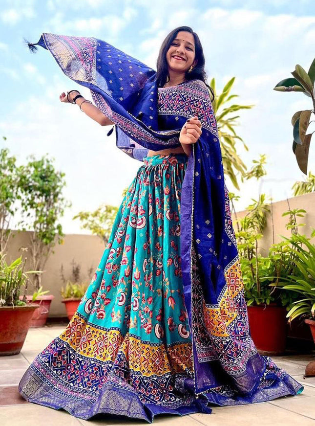 sky blue dola silk printed chaniya choli