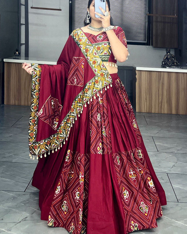 maroon rayon cotton patola bandhani print chaniya choli