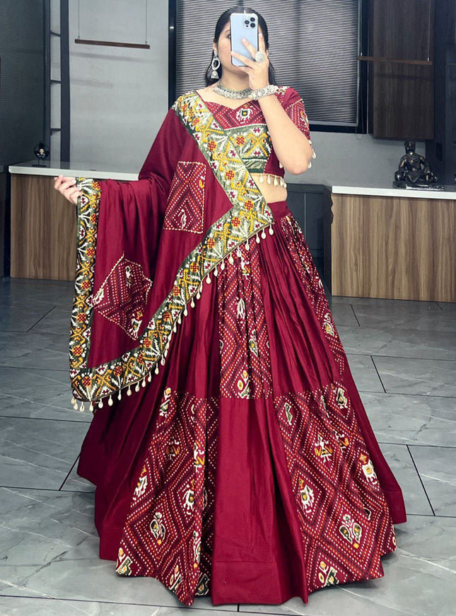 maroon rayon cotton patola bandhani print chaniya choli