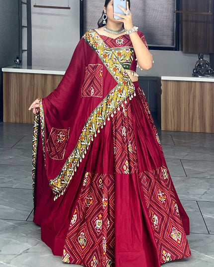 maroon rayon cotton patola bandhani print chaniya choli