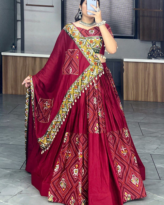 maroon rayon cotton patola bandhani print chaniya choli