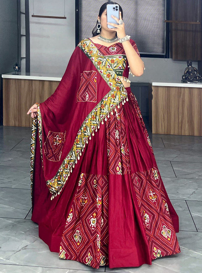 maroon rayon cotton patola bandhani print chaniya choli